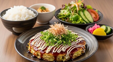 お好み定食：お好み焼きとご飯・サラダがセットになったダブル炭水化物の日本の定食