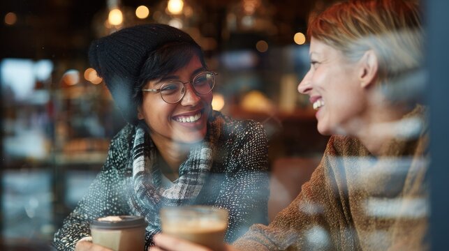 two multi ethnic friends enjoying coffee together in a coffee shop viewed through glass with reflections as they sit at a table chatting and laughing no logos no brands ar 169