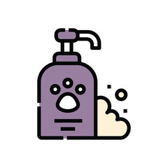 A purple soap dispenser with a paw print on it Foam is next to the dispenser