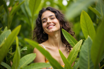 Beautiful fashion model girl enjoying nature, breathing fresh air in summer garden over Green leaves background. Harmony concept. Healthy beauty woman outdoor portrait.