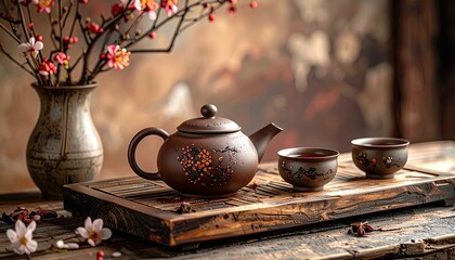 Traditional Brown Tea Set With Delicate Pink Blossoms On A Wooden Tray In Warm Soft Lighting With An Artistic Blurred Background