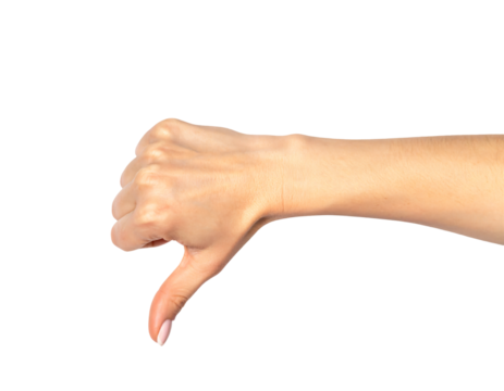 A close-up shot of a single hand giving a thumbs-down gesture (dislike/disapproval/bad) against a clean, light gray background, providing copy space.