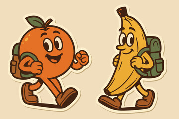 Cartoon orange and banana characters with backpacks
