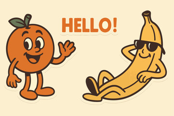 Cartoon Orange and Banana Characters Hello Greeting Illustration