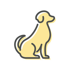 A simplified illustration of a sitting dog outlined in dark grey with a light yellow fill
