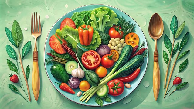 Vibrant overhead flat lay of a fresh, colorful vegetable salad on a plate with cutlery and leafy greens. Perfect for healthy eating, vegan, organic food, and culinary themes. - Powered by Adobe