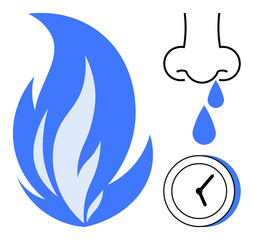 Blue gas flame, nose with water drops, clock symbolizing time, warning about gas-related hazards. Ideal for safety, awareness, environment, health, emergencies energy education themes simple flat