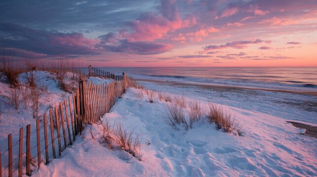 winter scene under color sky at sunset on snow covered beach jones beach state park long island ny no logos no brands ar 169 - Powered by Adobe