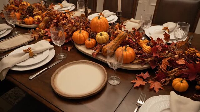 A sweeping overhead drone shot reveals an intricately arranged Thanksgiving dining table showcasing multiple place settings, serving platters, and autumnal centerpieces home, decoration, intricately