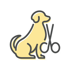 A yellow dog figure with a pair of scissors The dog is in a sitting pose outlined in gray The scissors are also gray