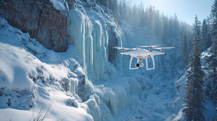 A drone hovers above a frozen waterfall, captured in hyperrealistic detail with icy textures, glistening surfaces, and dramatic winter lighting.