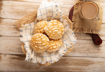 Conchas bread. Mexican sweet bread with seashell shape, Usually eaten with coffee or hot chocolate at breakfast or as an afternoon snack. One of the most popular and preferred sweet breads in Mexico.