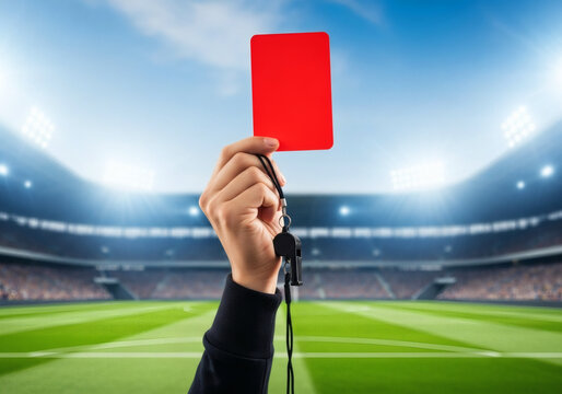 Referee Hand Holding Red Card Soccer Stadium Football Penalty Sport Game Match Decision Authority