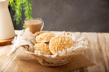 Conchas bread. Mexican sweet bread with seashell shape, Usually eaten with coffee or hot chocolate at breakfast or as an afternoon snack. One of the most popular and preferred sweet breads in Mexico.