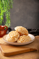 Conchas bread. Mexican sweet bread with seashell shape, Usually eaten with coffee or hot chocolate at breakfast or as an afternoon snack. One of the most popular and preferred sweet breads in Mexico.