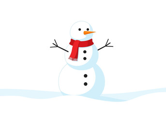 A cartoon snowman with a carrot nose twig arms red scarf and black button details standing on a snowy ground