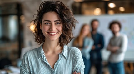 successful businesswoman standing in creative office and looking at camera while smiling portrait of beautiful business woman standing in front of business team at modern agency with copy space no lo