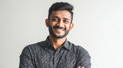 Obraz premium young indian man wearing elegant shirt standing over isolated white background with a happy and cool smile on face lucky person no logos no brands ar 169