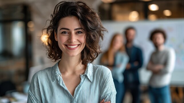 successful businesswoman standing in creative office and looking at camera while smiling portrait of beautiful business woman standing in front of business team at modern agency with copy space no lo - Powered by Adobe