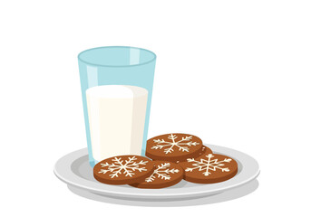 A glass of milk sits next to snowflakedecorated cookies on a plate