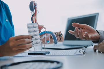 Doctor uses anatomical model to explain male urinary system. Model labeled with parts, doctor...