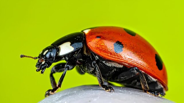 Close-up of a ladybug with red shell and black spots on a white surface against a green background.