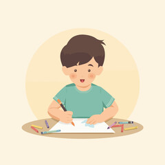Adorable Young Boy Engaged in Creative Drawing and Coloring Activity with Crayons, Expressing Joy and Artistic Imagination on Paper, Perfect for Childhood Concepts