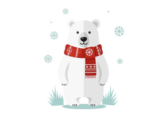 A white cartoon polar bear with a red snowflake scarf stands in a snowy scene