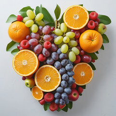 Heart Shaped Arrangement of Fresh Fruits and Berries on White Background Keywords: heart, fruit, healthy