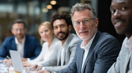 male mature caucasian ceo businessman leader with diverse coworkers team executive managers group at meeting multicultural professional businesspeople working together on research plan in boardroom n