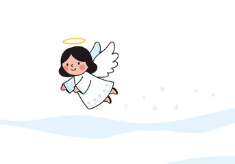 Angel in white dress halo flying over winter land with snowflakes
