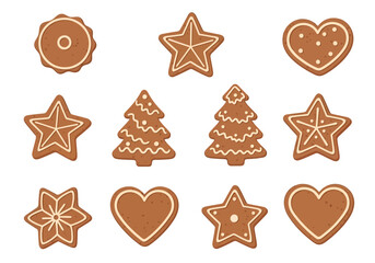 Array of gingerbread cookies star tree heart  circle shapes with white icing
