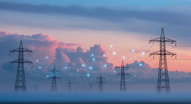 Electricity Towers Connected by Digital Network Against Sunset Sky power energy