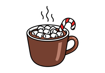 Cartoon image of a steaming cup of hot chocolate with marshmallows and a candy cane