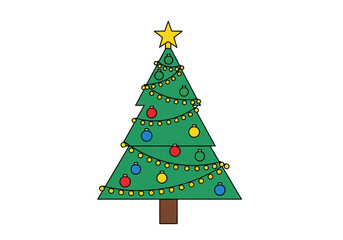Cartoon Christmas tree with star topper ornaments and string lights