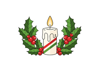 Cartoon of a candle with a flame surrounded by holly leaves and red berries