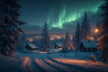 Winter Village Landscape with Aurora Borealis at Night