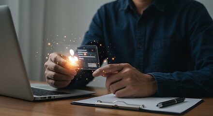Person holding transparent digital business card with profile information and glowing particles personal