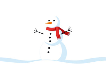 Cartoon snowman with red scarf orange nose and stick arms stands in light blue snow