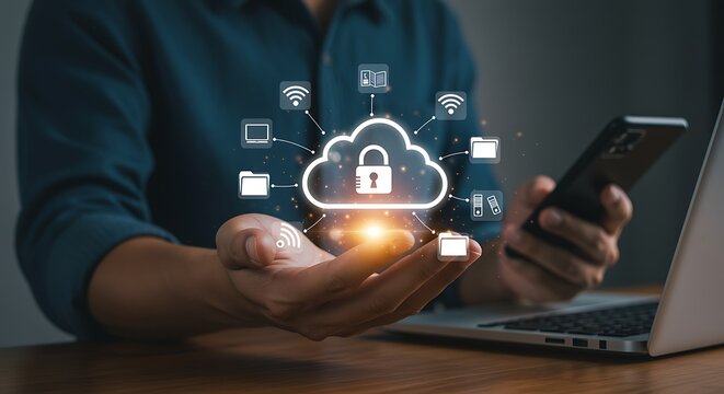Person holding cloud computing security icon with connected digital devices and Wi- Fi symbols data network - Powered by Adobe