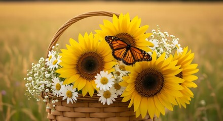 Wicker basket filled with sunflowers and daisies with butterfly image photo