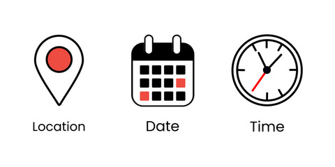 Simple black and white icons with red accents showing a location pin, a calendar with a marked date, and a clock. Represents scheduling or event details.
