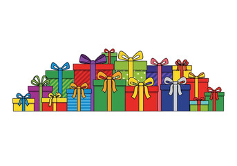 Colorful illustration of many stacked wrapped gifts with ribbons and bows against a white background