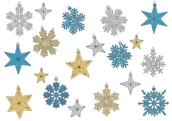 Decorative holiday ornaments snowflakes and star shapes in varied colors with hanging loops
