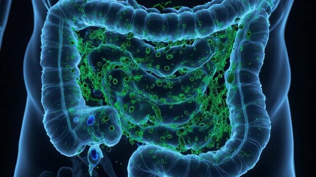 Cinematic slow motion 3D render of glowing probiotics. Beneficial bacteria moving in the intestine. Concept of gut health, microbiome, and digestion.