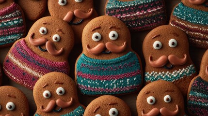 funny gingerbread cookies wearing ugly holiday sweaters and eyes and a mustache no logos no brands ar 169