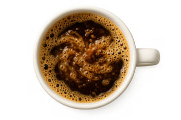 Hot espresso coffee in white cup with froth crema swirl, top view, transparent background, energy drink