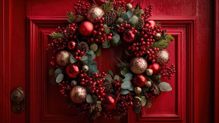 a rich 13 shiny christmas wreath with red eucalyptus berries ornaments on a red door festive