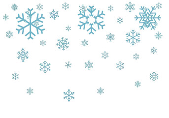 Light blue snowflakes of varying sizes are scattered across a white background resembling snowfall