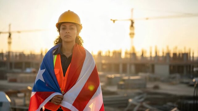 Proud young Hispanic woman construction worker wearing hard hat and safety vest, draped in Puerto Rican flag, standing on a building site at golden hour